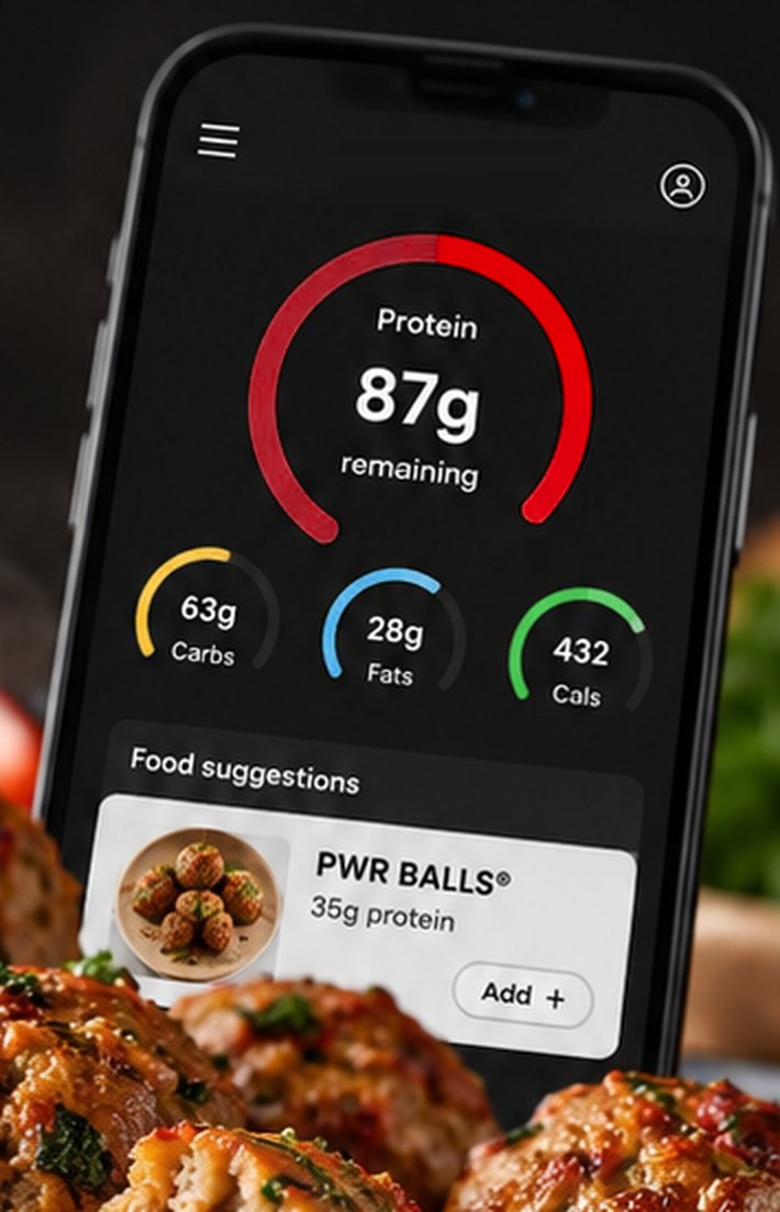 The tracker showing 87 g of protein remaining, with PWR Balls® suggested to close the gap
